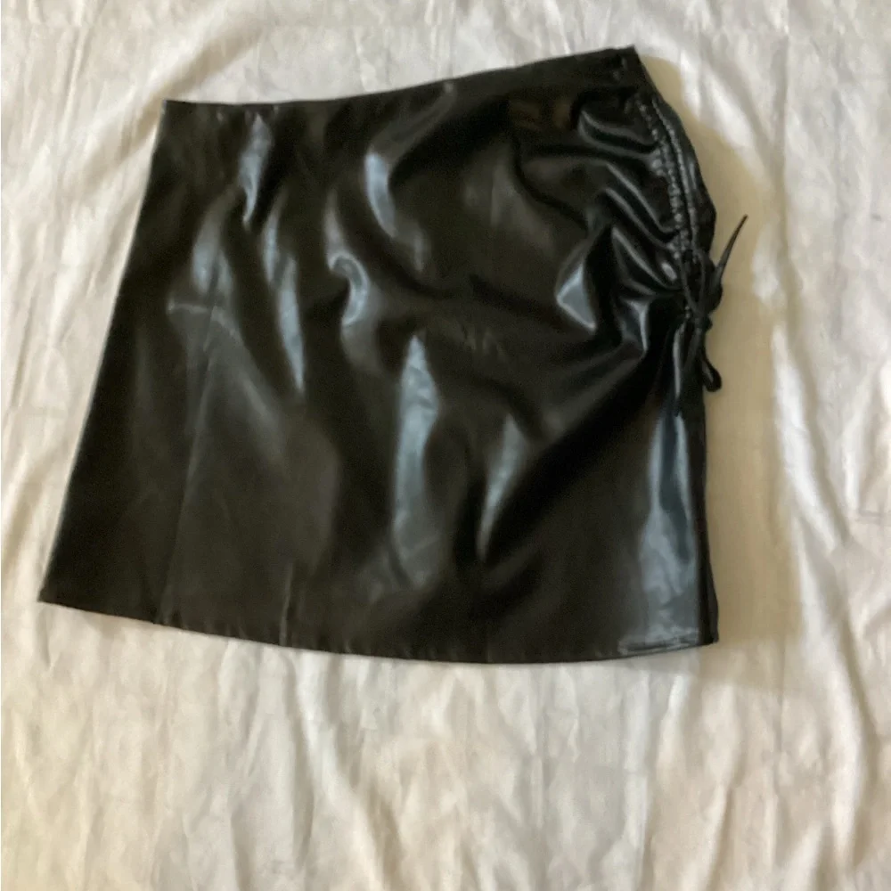 Black Faux Leather Mini Skirt with Side Drawstring